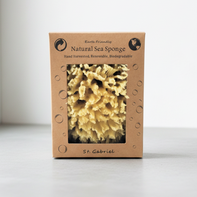 Natural sea sponge in a cardboard packaging on a white surface with a light gray wall in the background.