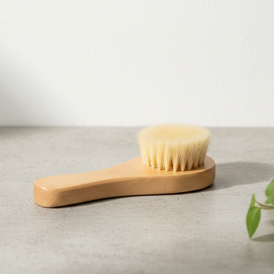 Wooden bamboo facial cleansing brush with bristles on a light surface