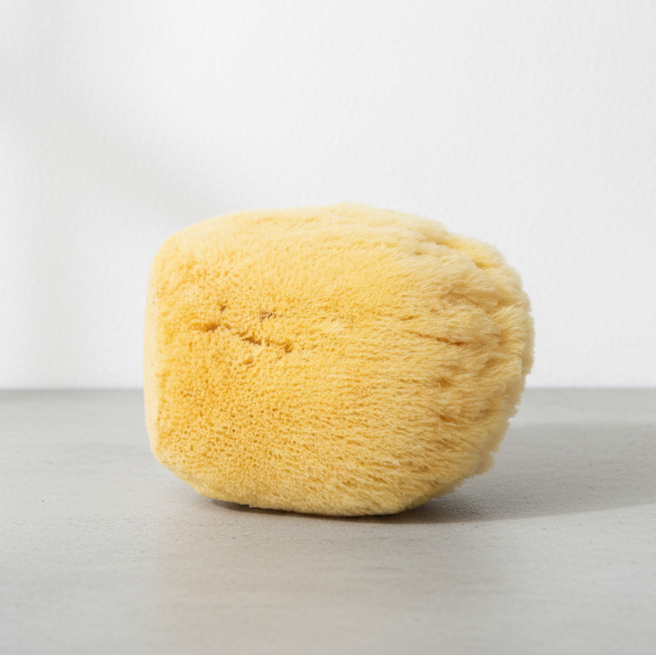 Yellow sponge on a gray surface with a white background