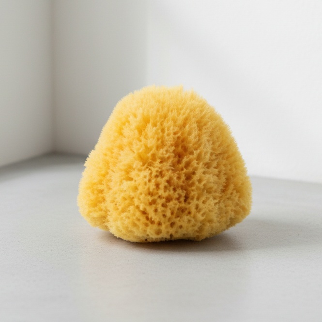 Yellow sponge on a white surface with a light background