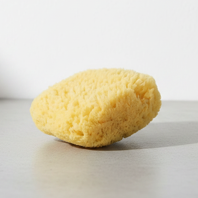 Yellow sponge on a white surface with a blurred background